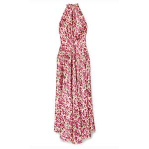 Raquel Diniz Giovanna Floral Print Silk Satin Halterneck Maxi  Dress- IT 40 Pink
